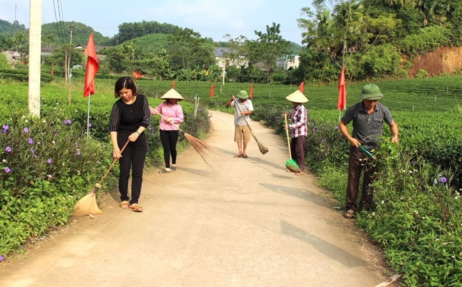 Quá trình xây dựng NTM đã làm thay đổi hành vi của người dân khu vực nông thôn đối với cảnh quan, môi trường nông thôn. (Trong ảnh: Người dân xóm Đồng Tâm, xã Tức Tranh, huyện Phú Lương tham gia dọn dẹp vệ sinh đường làng, ngõ xóm).