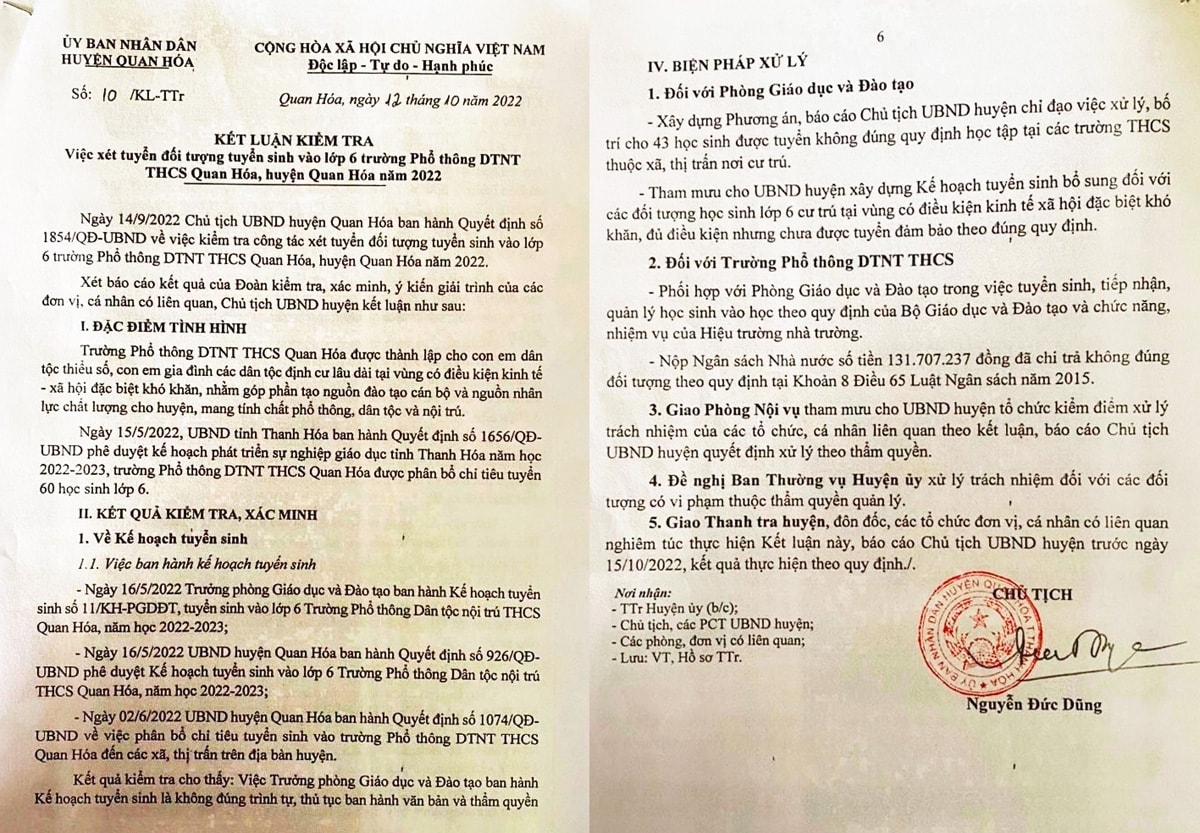 Kết luận kiểm tra của Chủ tịch UBND huyện Quan Hóa Kết luận kiểm tra của Chủ tịch UBND huyện Quan Hóa
