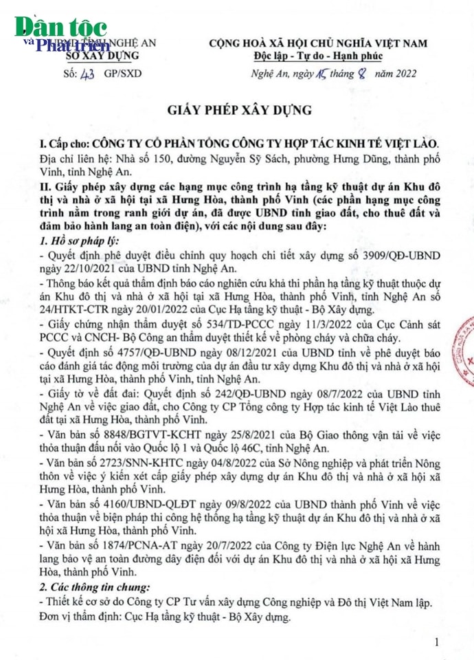 Giấy phép xây dựng của Dự án Khu đô thị và Nhà ở xã hội tại xã Hưng Hòa