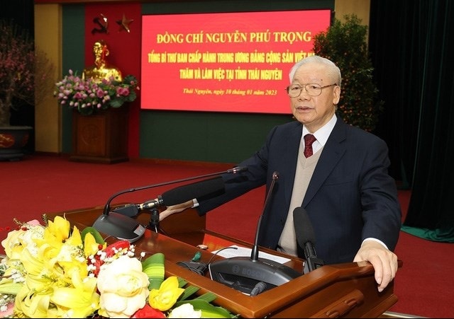 Tổng Bí thư Nguyễn Phú Trọng phát biểu tại buổi làm việc với Ban Thường vụ và lãnh đạo tỉnh Thái Nguyên. Ảnh: Trí Dũng– TTXVN