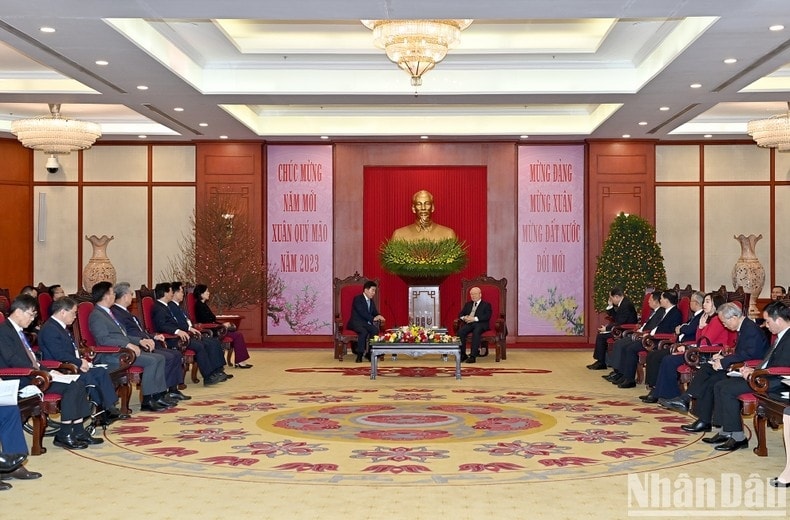 Quang cảnh buổi tiếp Chủ tịch Quốc hội Hàn Quốc Kim Jin-pyo tại Trụ sở Trung ương Đảng.