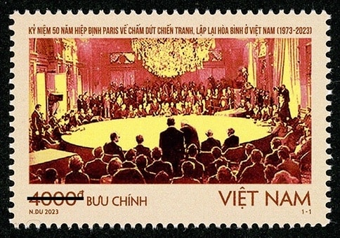 Hình ảnh tem “Kỷ niệm 50 năm Hiệp định Paris về chấm dứt chiến tranh, lập lại hòa bình ở Việt Nam (1973-2023)”. Ảnh: Tổng công ty Bưu điện Việt Nam