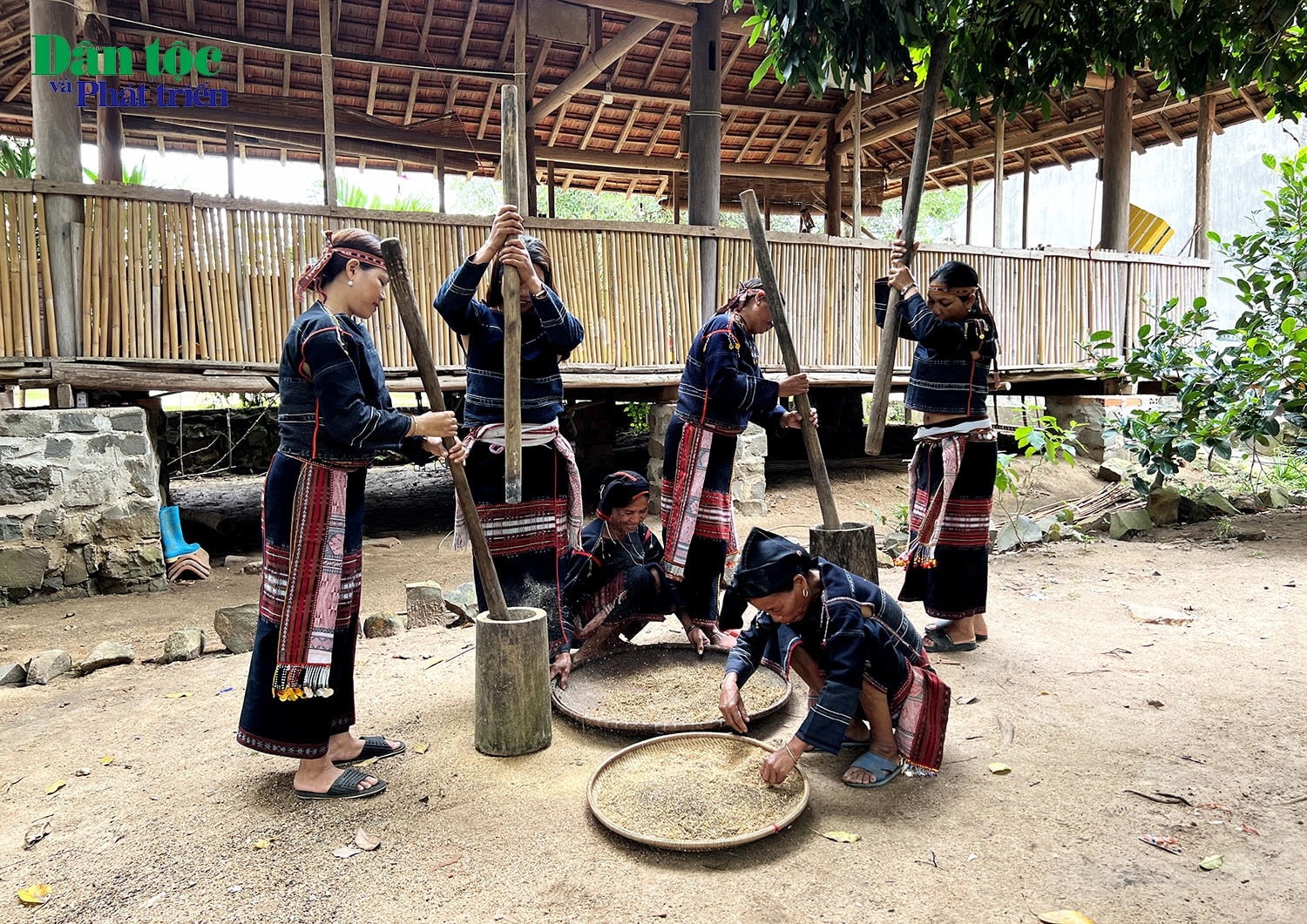 Sau khi đã sàng lọc, người phụ nữ sẽ mang đi giã trong cối gỗ
