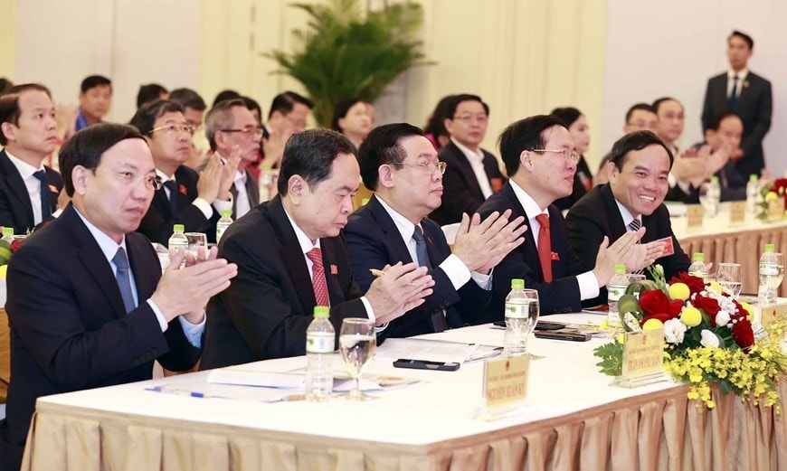 Chủ tịch Quốc hội Vương Đình Huệ và Thường trực Ban Bí thư Võ Văn Thưởng dự hội nghị.