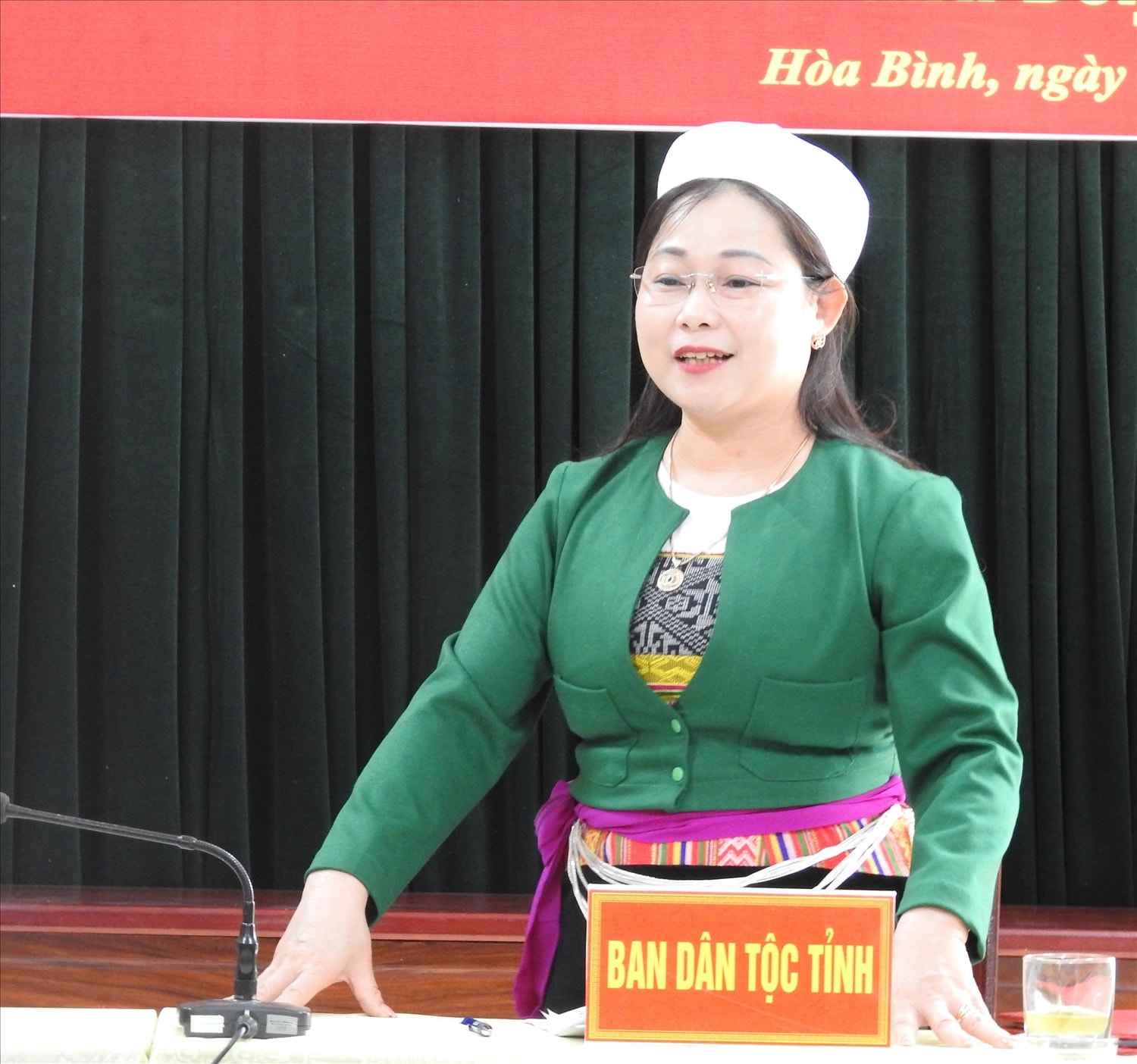 Trưởng Ban Dân tộc tỉnh Hòa Bình Đinh Thị Thảo phát biểu tại Hội nghị
