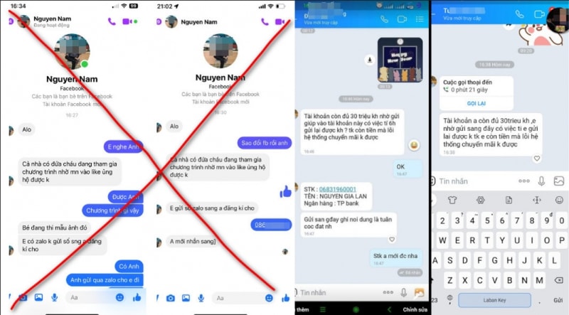 Tài khoản facebook giả mạo anh Nguyễn Nam và nội dung tin nhắn lừa đảo của đối tượng sau khi chiếm quyền điều khiển Zalo của anh T.