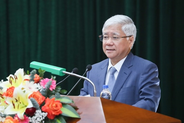 Bí thư Trung ương Đảng, Chủ tịch Ủy ban Trung ương Mặt trận Tổ quốc (UBTW MTTQ) Việt Nam Đỗ Văn Chiến phát biểu tại Hội nghị (Ảnh Quang Vinh)