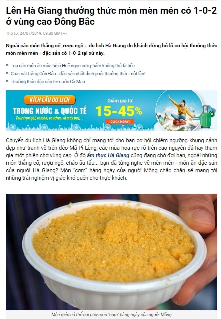 Một trang Website du lịch quảng cáo về du lịch Hà Giang và món mèn mén