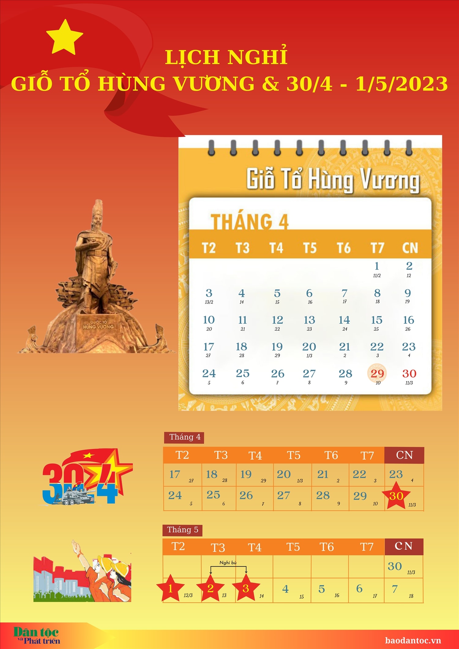 (inforgraphic) Lịch nghỉ Lễ 30/4 và 1/5, Giỗ Tổ Hùng Vương năm 2023