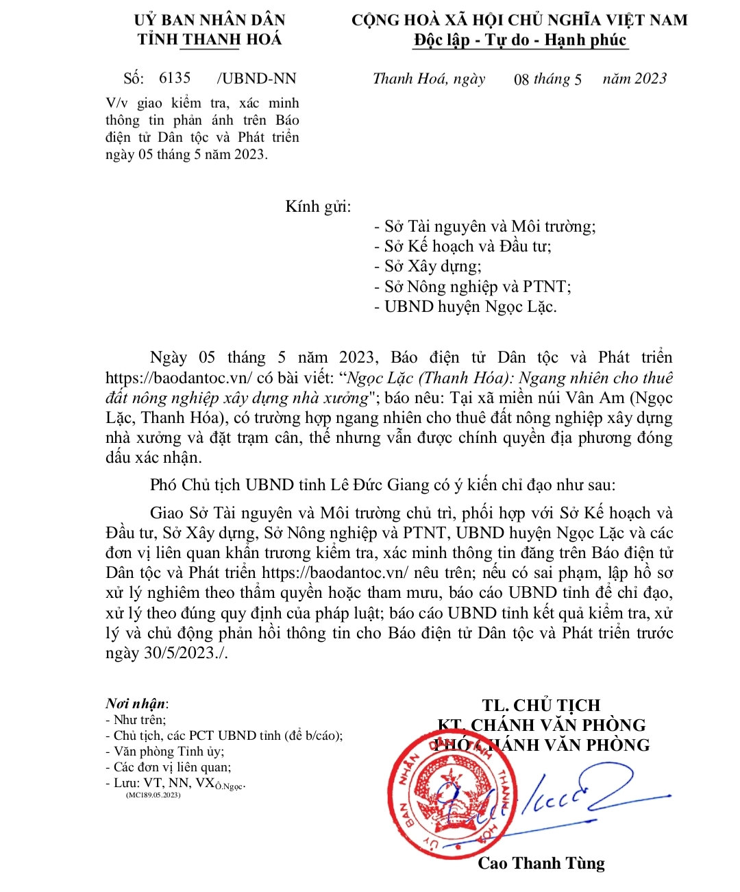 công văn chỉ đạo của UBND tỉnh Thanh Hóa