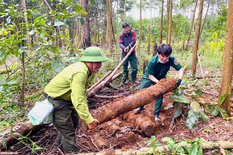 Không phải là pháp nhân nên cộng đồng dân cư thiếu các quy định pháp luật để giải quyết quan hệ dân sự trong quản lý rừng, kể cả xử lý hành chính, hình sự các tranh chấp. (Trong ảnh: Khám nghiệm hiện trường các vụ phá rừng tại rừng cộng đồng xã Lộc Phú, huyện Bảo Lâm, Lâm Đồng tháng 7/2022 – Nguồn: baolamdong.vn)