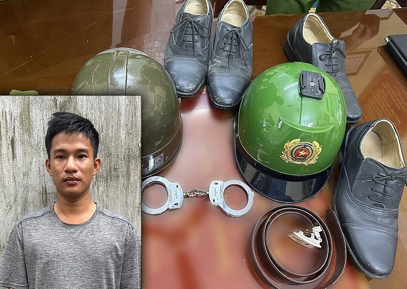 Đối tượng Lê Thanh Hưng (ảnh nhỏ) cùng tang vật giả danh Công an để lừa đảo chiếm đoạt tài sản