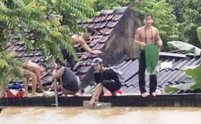 Học sinh trường THPT Quỳ Châu phải dỡ ngói trèo lên mái nhà tránh lũ