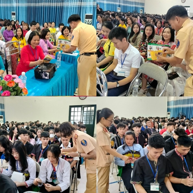 Lực lượng Cảnh sát Giao thông Công an tỉnh Thanh Hóa cấp phát tờ rơi, cẩm nang tuyên truyền về an toàn giao thông cho các thầy cô giáo và các em sinh viên của nhà trường