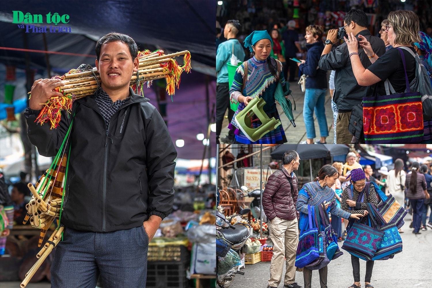 Cùng với những gian hàng bày bán trong kiot chợ, những gian hàng tạm dưới đất thì những chàng trai cô gái cũng cầm những sản phẩm họ làm ra bán tại các lối đi vào chợ, thu hút sự chú ý của Du khách Quốc tế