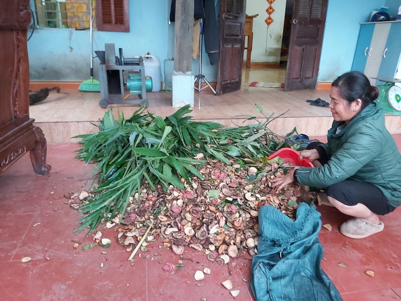 Bà Minh đang sơ chế các cây thuốc để làm thuốc tắm phục vụ du khách Bà Minh đang sơ chế các cây thuốc để làm thuốc tắm phục vụ du khách
