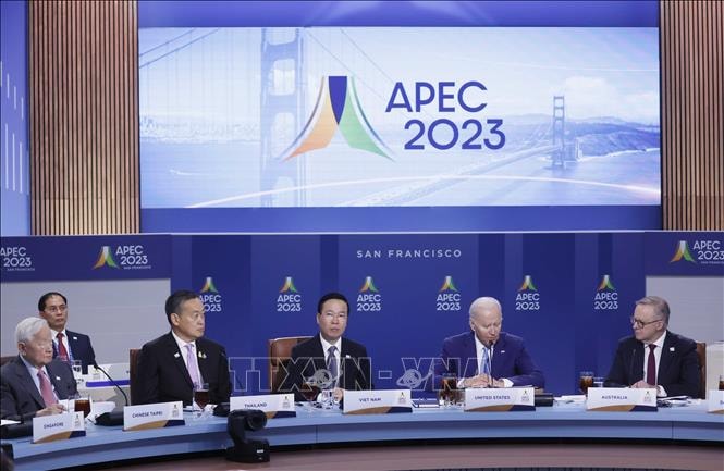 Chủ tịch nước Võ Văn Thưởng và các Nhà lãnh đạo APEC tại buổi làm việc - Ảnh: TTXVN Chủ tịch nước Võ Văn Thưởng và các Nhà lãnh đạo APEC tại buổi làm việc - Ảnh: TTXVN