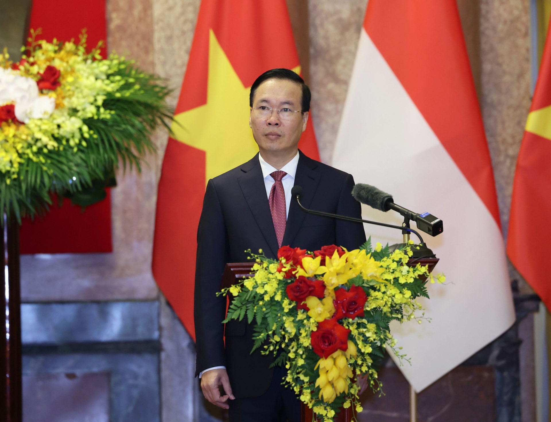Chủ tịch nước Võ Văn Thưởng phát biểu tại họp báo sau hội đàm - Ảnh: VGP/Nhật Bắc