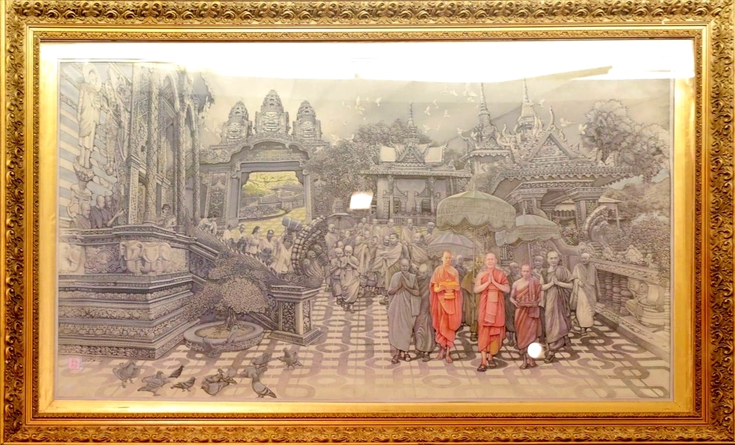 Tác phẩm “Lễ hội Khmer ở Cà Mau” - tác giả Lại Lâm Tùng – đạt giải Xuất sắc, được làm bằng chất liệu bút sắt, màu nước.