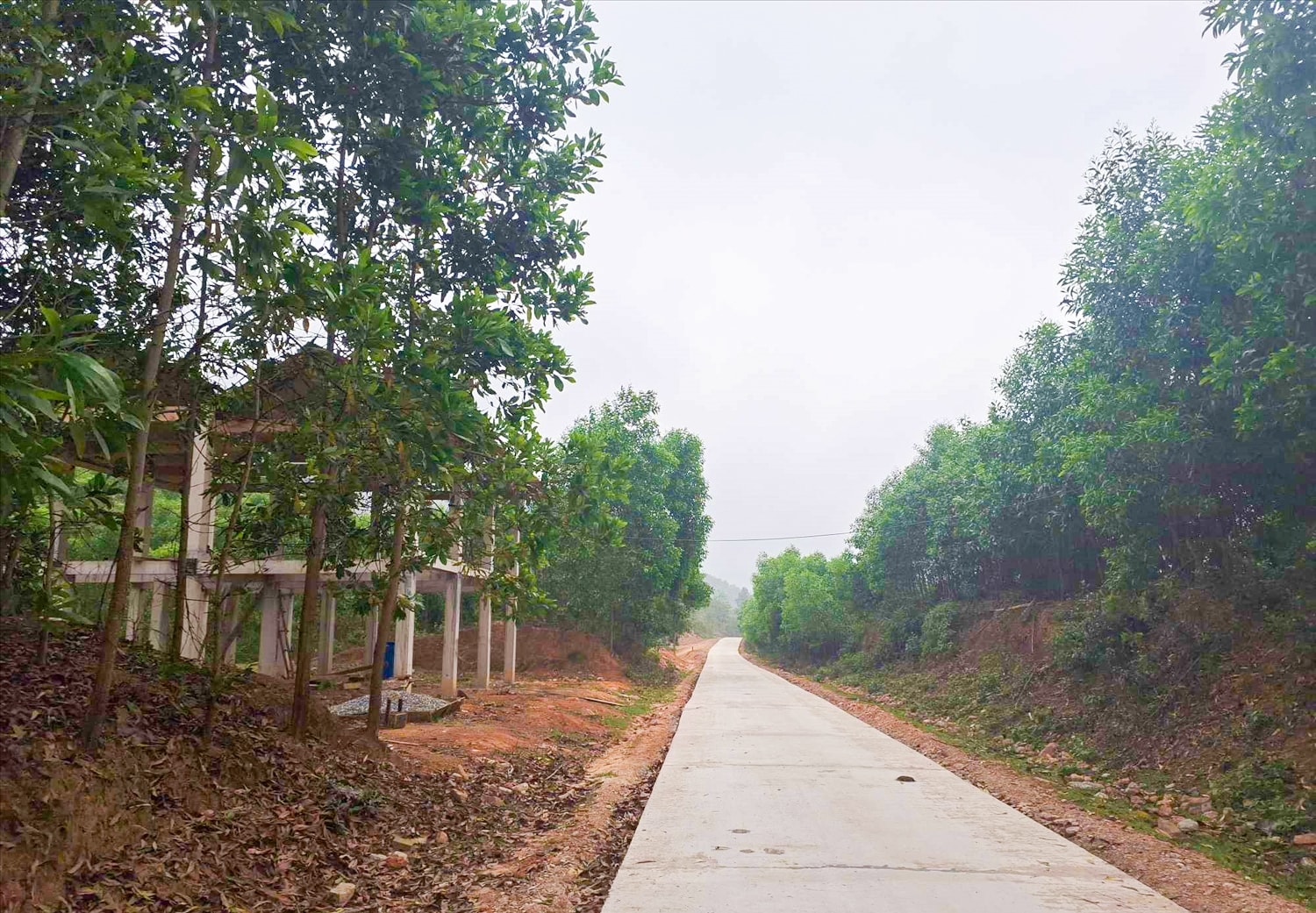 Dù đường bê tông vào bản Hưng đã xong, tuy nhiên nhà thầu chưa thể triển khai các hợp phần khác do chưa chủ đầu tư chưa bàn giao mặt bằng sạch 