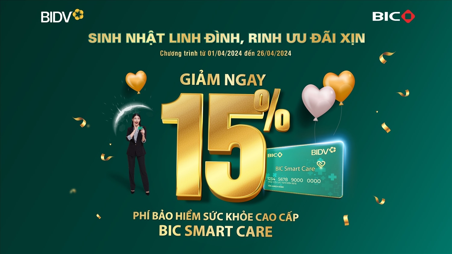 Tổng Công ty Bảo hiểm BIDV (BIC) triển khai chương trình “Sinh nhật linh đình, rinh ưu đãi xịn” dành tặng khách hàng 15% phí bảo hiểm sức khỏe cao cấp BIC Smart Care.