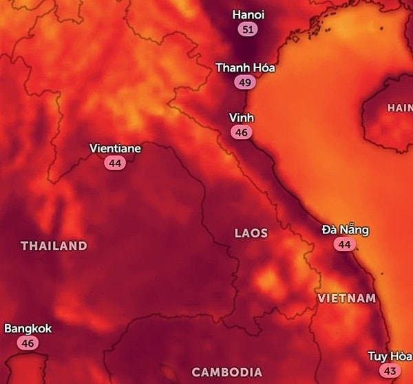 Dự báo từ miền Bắc đến miền Trung nước ta đều rất nóng trong kỳ nghỉ lễ. Trong hình là dự báo nhiệt độ cảm nhận thực tế ngoài trời vào đầu giờ chiều Chủ Nhật, 28/4. Ảnh: Zoom Earth, OpenStreetMap. Dự báo từ miền Bắc đến miền Trung nước ta đều rất nóng trong kỳ nghỉ lễ. Trong hình là dự báo nhiệt độ cảm nhận thực tế ngoài trời vào đầu giờ chiều Chủ Nhật, 28/4. Ảnh: Zoom Earth, OpenStreetMap.