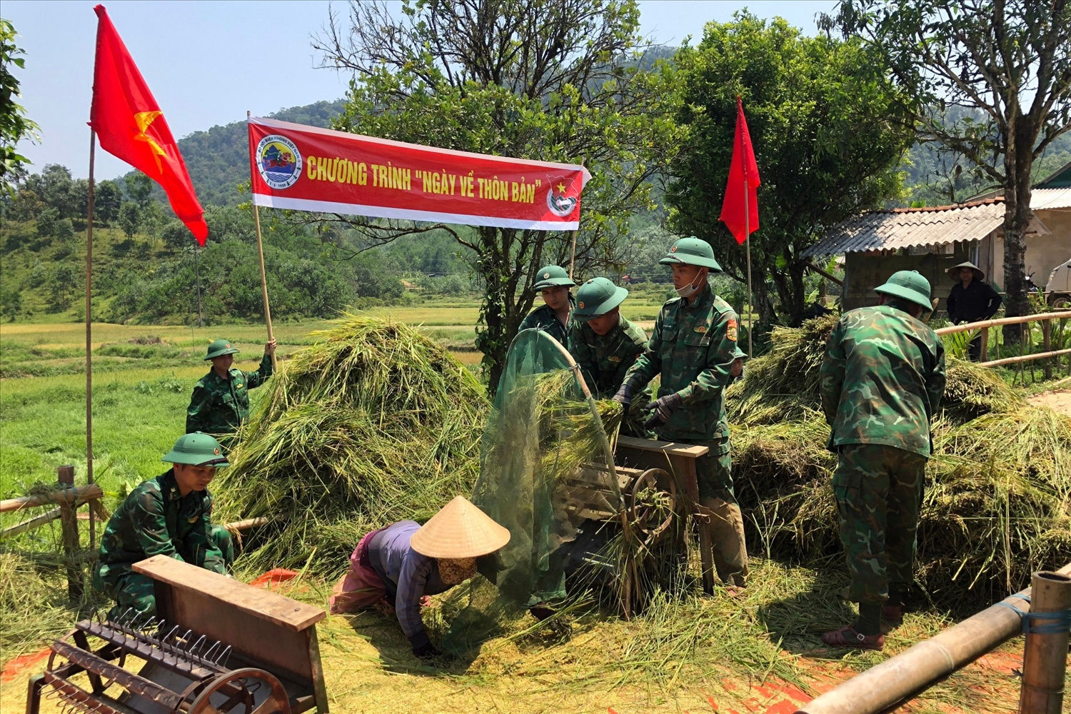Tuốt lúa giúp các hộ gia đình