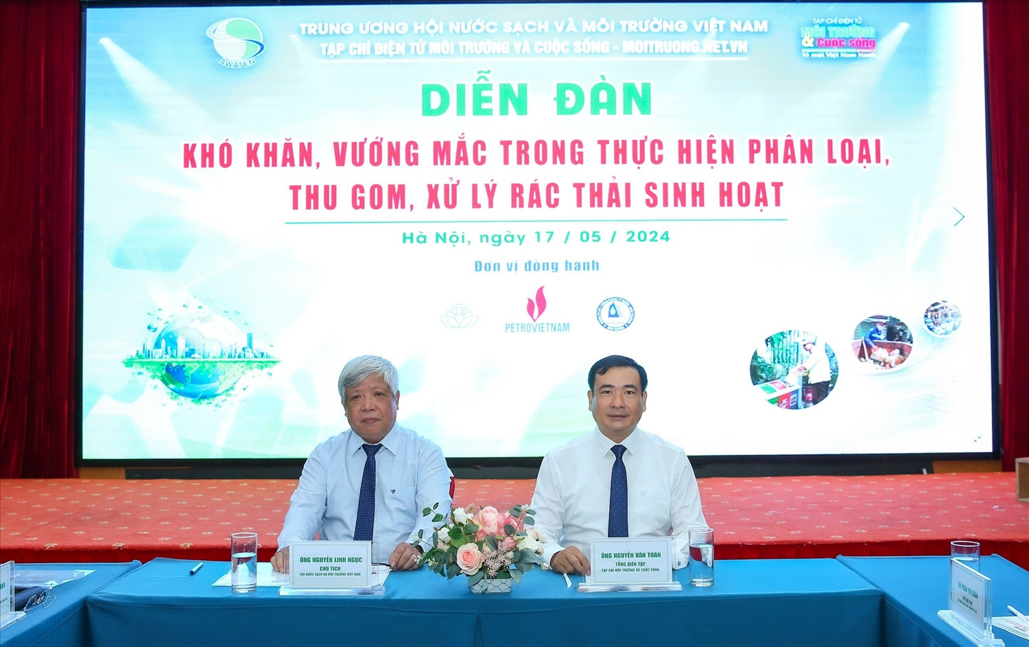 Ông Nguyễn Linh Ngọc – Chủ tịch Hội Nước sạch & Môi trường Việt Nam; Ông Nguyễn Văn Toàn, Phó Chủ tịch Hội Nước sạch & Môi trường Việt Nam, Tổng Biên tập Tạp chí Môi trường và Cuộc sống chủ trì diễn đàn.