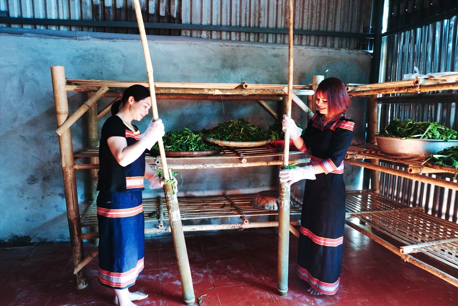 Các thành viên nhồi cải vào ống lồ ô để muối. Các thành viên nhồi cải vào ống lồ ô để muối
