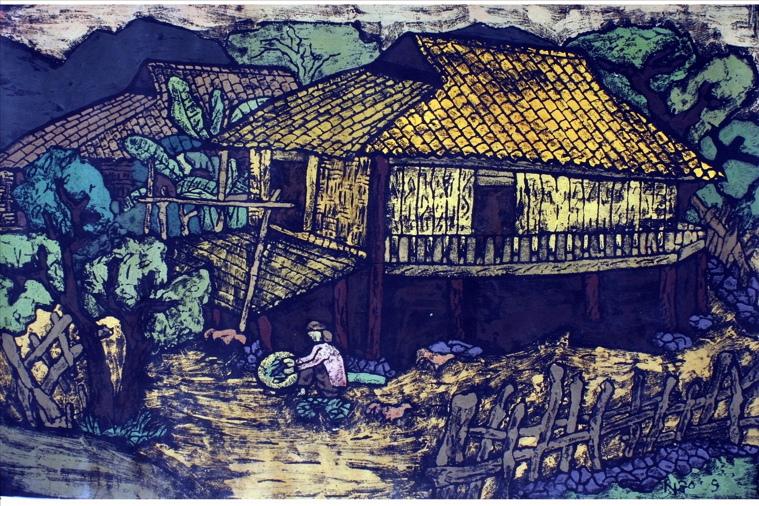 Tranh khắc gỗ Quê em do họa sỹ Vi Việt Nga sáng tác.