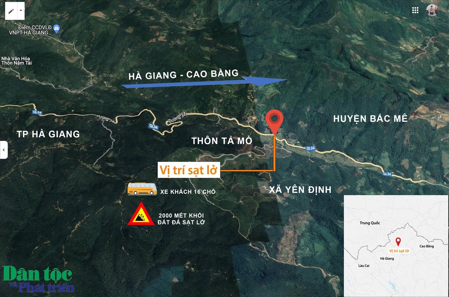 Địa hình quốc lộ 34 đoạn qua thôn Tả Mò, xã Yên Định, huyện Bắc Mê, Hà Giang, nơi xảy ra tai nạn Địa hình quốc lộ 34 đoạn qua thôn Tả Mò, xã Yên Định, huyện Bắc Mê, Hà Giang, nơi xảy ra tai nạn