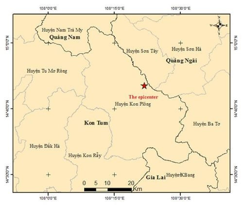 Bản đồ tâm chấn trận động đất xảy ra vào lúc 8 giờ 35 phút tại huyện Kon Plông, tỉnh Kon Tum (Ảnh: Viện Vật lý địa cầu)