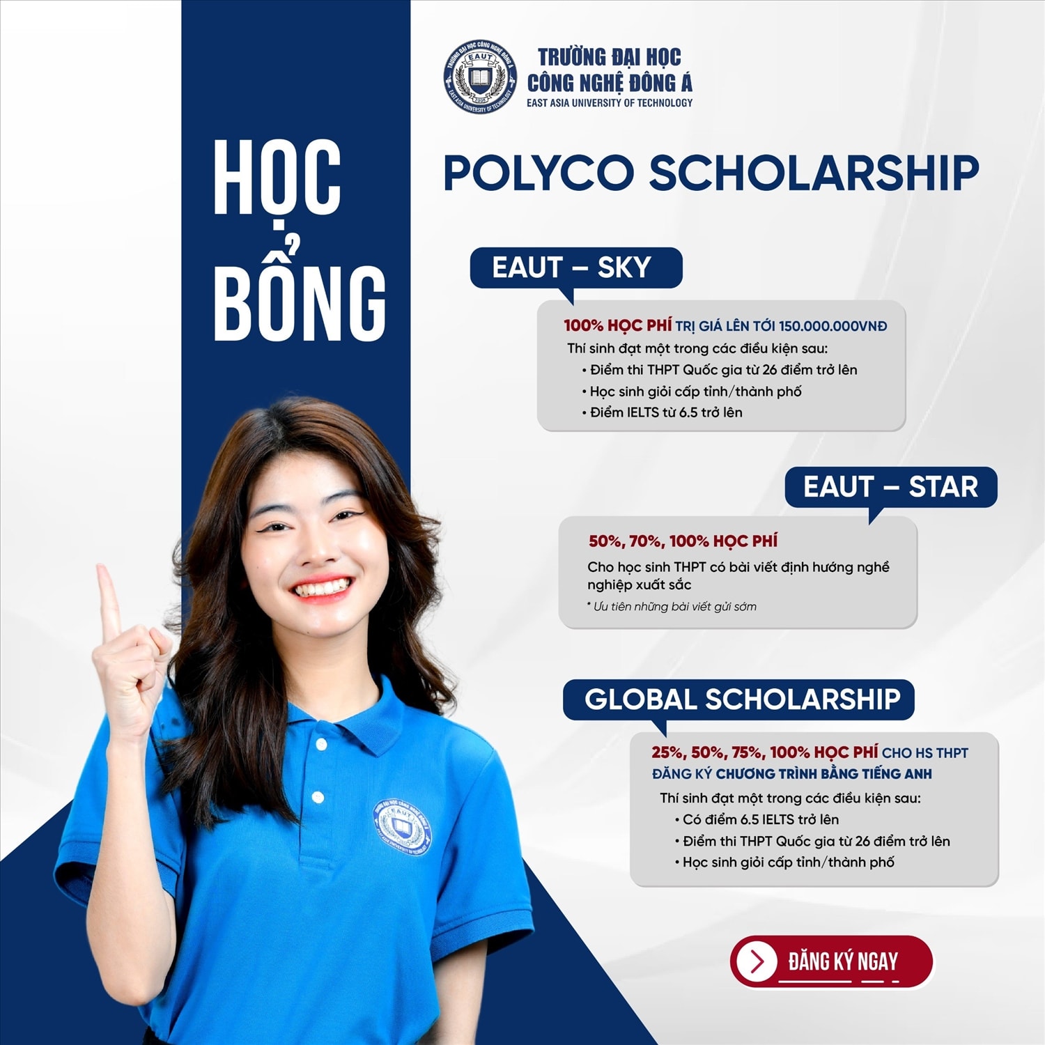 Trường Đại học Công nghệ Đông Á có các suất học bổng bán phần và toàn phần dành cho các em học sinh đạt giải thưởng cấp tỉnh, cấp quốc gia Trường Đại học Công nghệ Đông Á có các suất học bổng bán phần và toàn phần dành cho các em học sinh đạt giải thưởng cấp tỉnh, cấp quốc gia