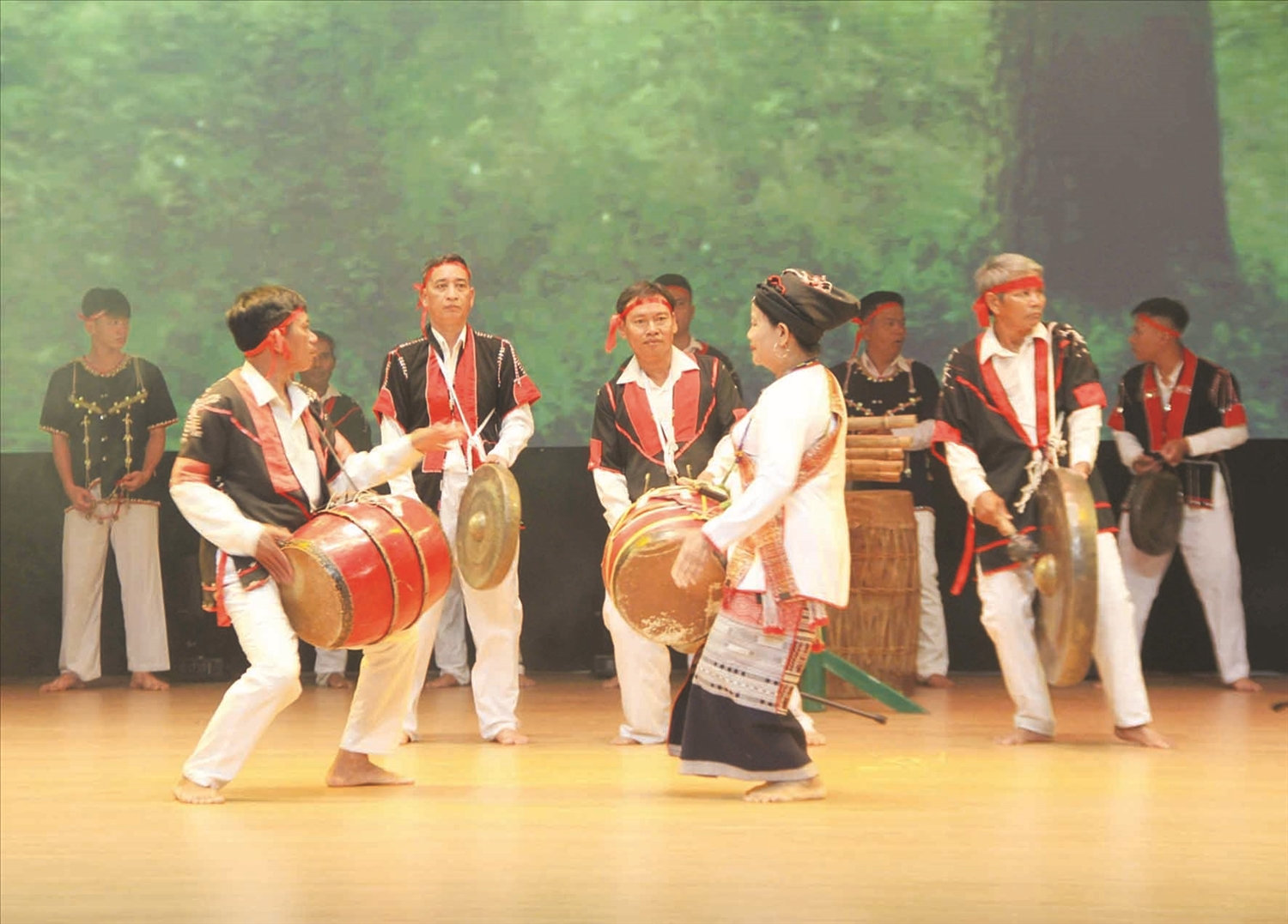 Nghệ nhân Ưu tú Nguyễn Thị Ngọc Hương (bên phải) và đội văn nghệ quần chúng dân tộc Chăm huyện Vân Canh  biểu diễn nhạc cụ truyền thống trống K’toang