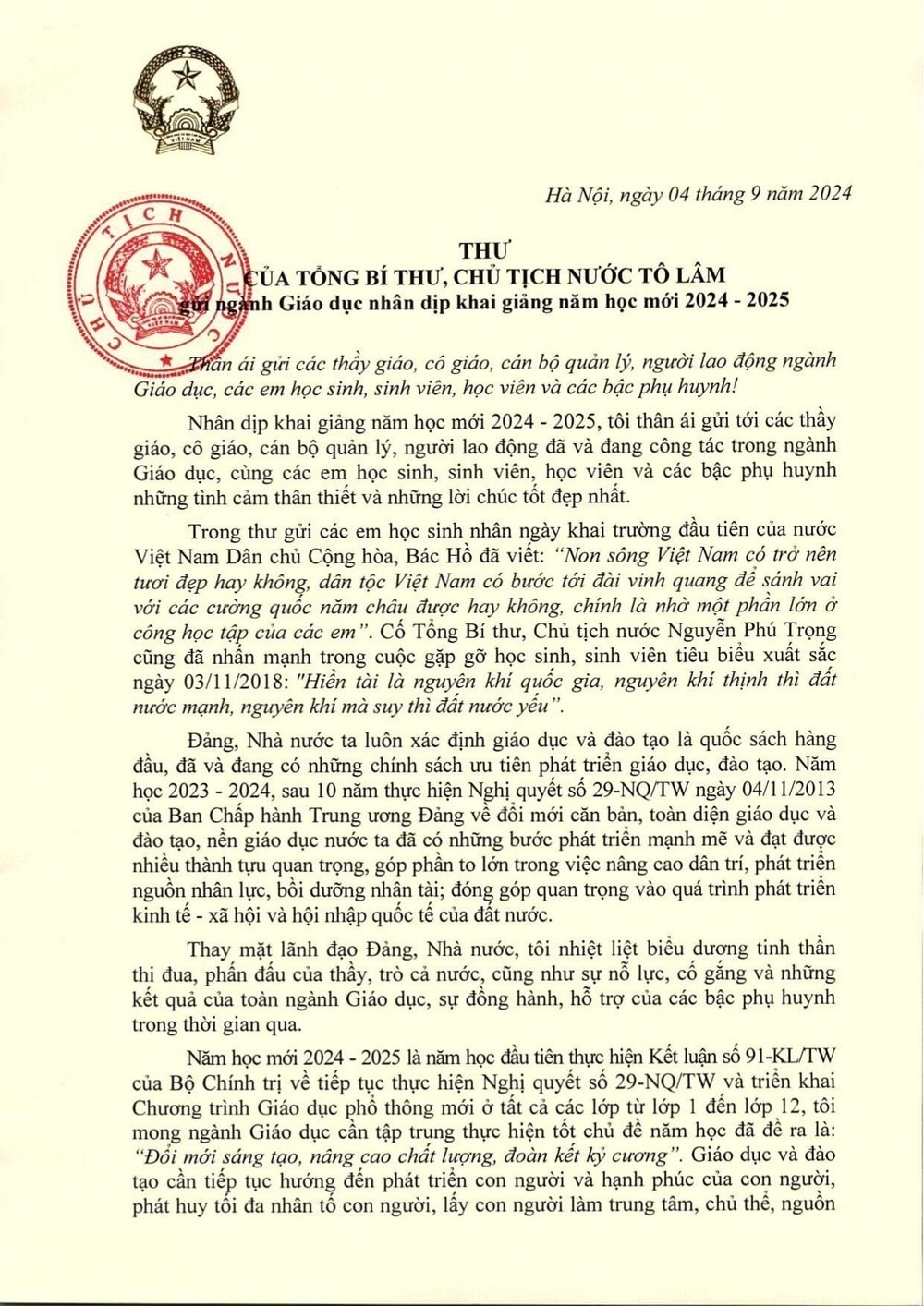 Thư của Tổng Bí thư, Chủ tịch nước Tô Lâm gửi ngành Giáo dục nhân dịp khai giảng năm học mới 2024-2025 1