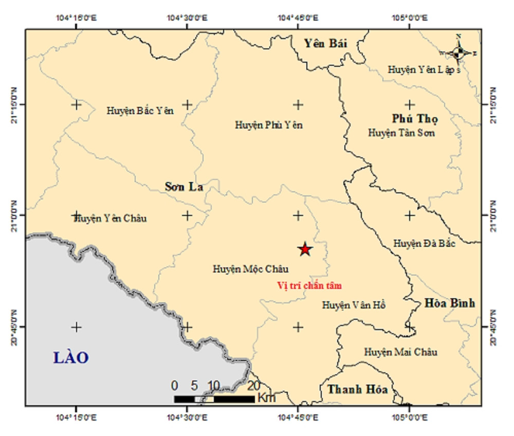 Động đất có độ lớn 3.3 độ richter tại huyện Mộc Châu
