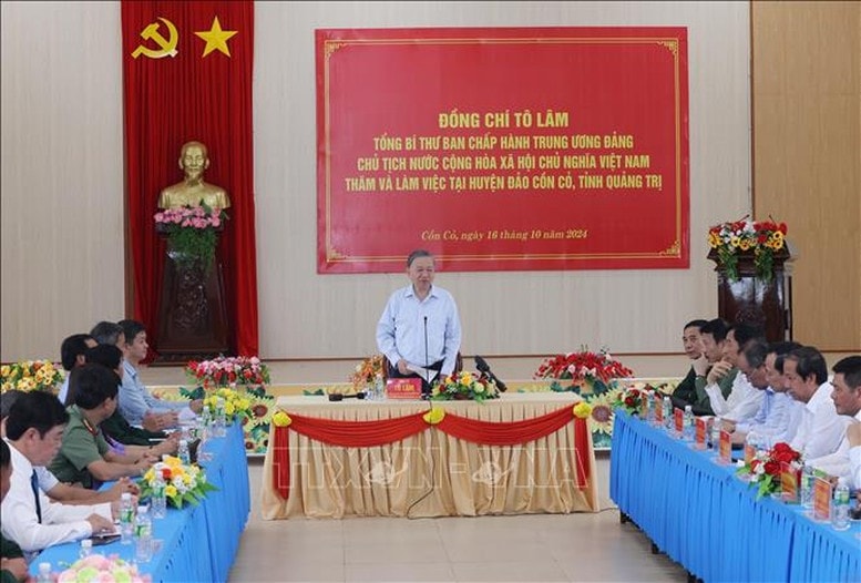 Tổng Bí thư, Chủ tịch nước Tô Lâm phát biểu tại buổi làm việc với Đảng bộ, chính quyền và lực lượng vũ trang huyện đảo Cồn Cỏ, tỉnh Quảng Trị - Ảnh: TTXVN Tổng Bí thư, Chủ tịch nước Tô Lâm phát biểu tại buổi làm việc với Đảng bộ, chính quyền và lực lượng vũ trang huyện đảo Cồn Cỏ, tỉnh Quảng Trị - Ảnh: TTXVN