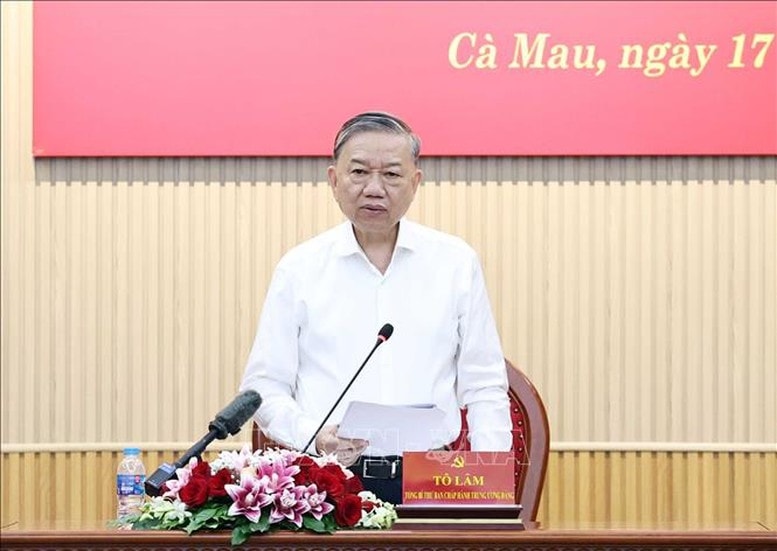 Tổng Bí thư Tô Lâm phát biểu chỉ đạo tại buổi làm việc với Ban Thường vụ Tỉnh ủy Cà Mau - Ảnh: TTXVN Tổng Bí thư Tô Lâm phát biểu chỉ đạo tại buổi làm việc với Ban Thường vụ Tỉnh ủy Cà Mau - Ảnh: TTXVN