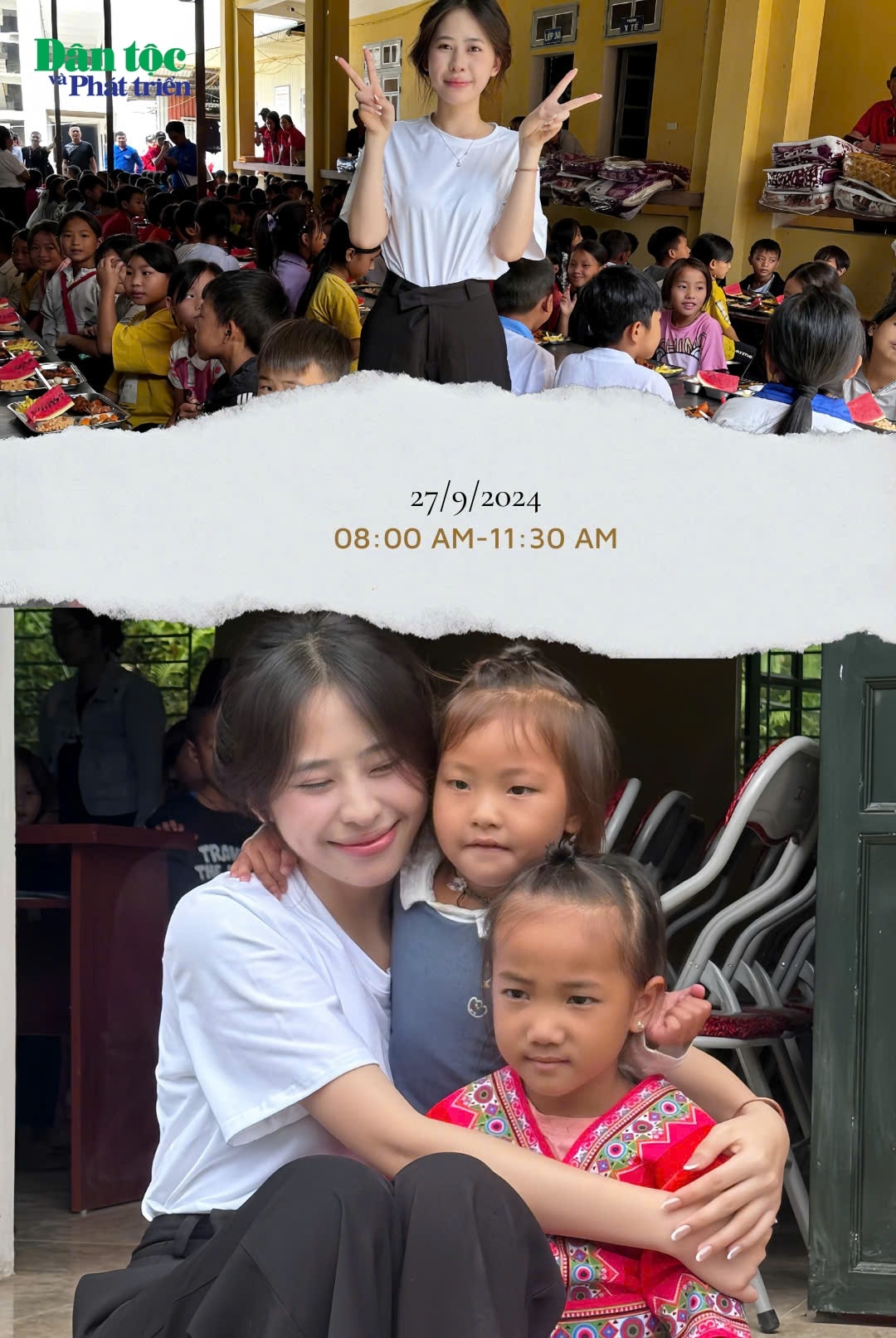 Giàng Tuyết Tình cùng các thí sinh trong cuộc thi tham gia chương trình thiện nguyện “Cơm trên bản 2024” tại xã Phình Hồ, huyện Trạm Tấu, tỉnh Yên Bái với hơn 600 phần quà cho các em nhỏ DTTS.