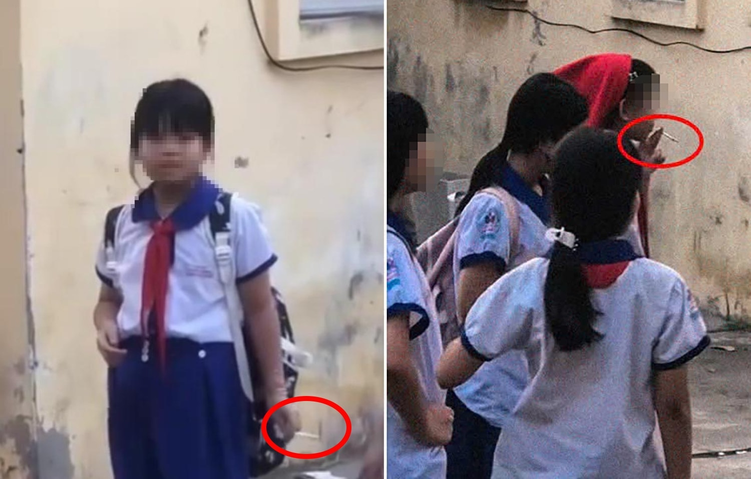 Hình ảnh nhóm nữ sinh Trường tiểu học Lê Hồng Phong hút thuốc lá được chia sẻ trên mạng xã hội (Ảnh cắt từ clip)