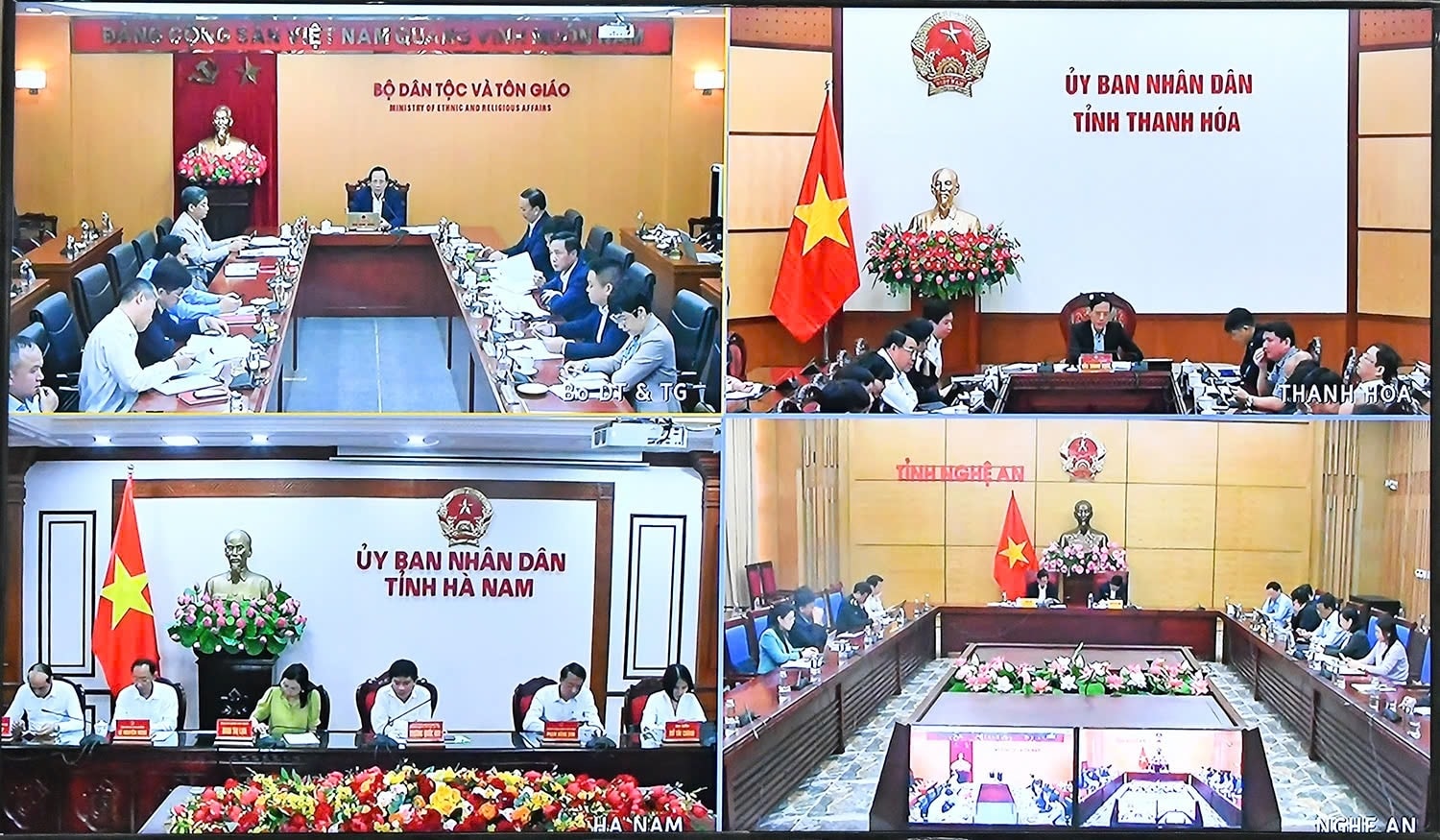 Cuộc làm việc được tổ chức theo hình thức trực tuyến từ điểm cầu Trụ sở Bộ Dân tộc và Tôn giáo đến các địa phương: Hà Nam, Thanh Hóa, Nghệ An.