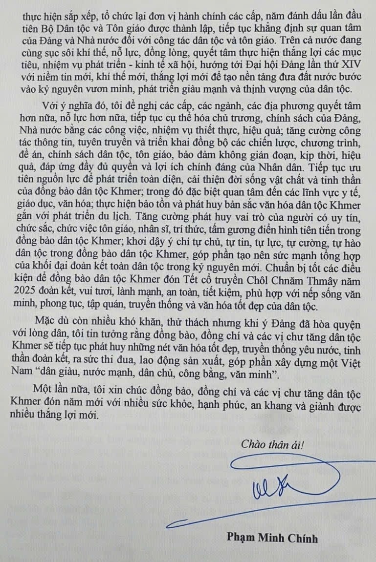 Thủ tướng Chính phủ gửi thư chúc mừng đồng bào Khmer dịp Tết cổ truyền Chôl Chnăm Thmây năm 2025 1