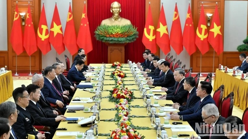 Quang cảnh hội đàm tại giữa Tổng Bí thư Tô Lâm và Tổng Bí thư, Chủ tịch Trung Quốc Tập Cận Bình tại Trụ sở Trung ương Đảng. (Ảnh: ĐĂNG KHOA)