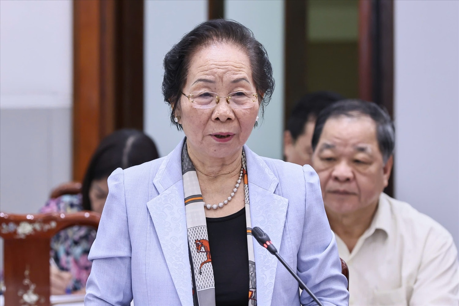 Bà Nguyễn Thị Doan, Nguyên Phó Chủ tịch nước, Ủy viên Đoàn Chủ tịch Ủy ban Trung ương UBTW MTTQ Việt Nam phát biểu tại Hội nghị (Ảnh: Quang Vinh)
