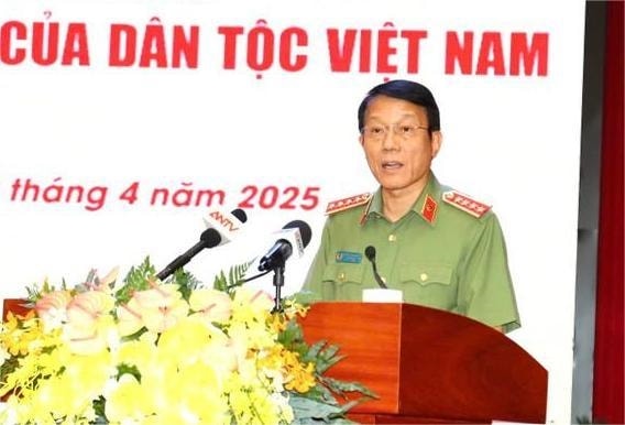 Đại tướng Lương Tam Quang, Bộ trưởng Bộ Công an, phát biểu khẳng định ý nghĩa của Đại thắng mùa xuân 1975