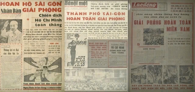 Số đặc biệt ngày 30/4/1975 trên các đầu báo lớn. (Ảnh chụp lại từ Thư viện Quốc gia)