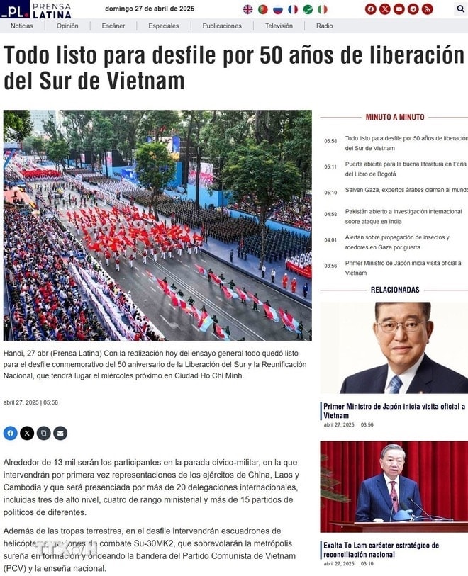 Prensa Latina dành nhiều bài viết sâu rộng, khắc họa sinh động không khí chuẩn bị cho lễ diễu binh hoành tráng tại Thành phố Hồ Chí Minh. (Ảnh: TTXVN)
