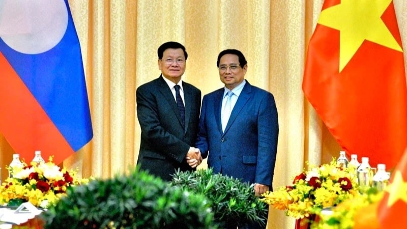 Thủ tướng Chính phủ Phạm Minh Chính và Tổng Bí thư, Chủ tịch nước Lào Thongloun Sisoulith. (Ảnh: THANH GIANG)