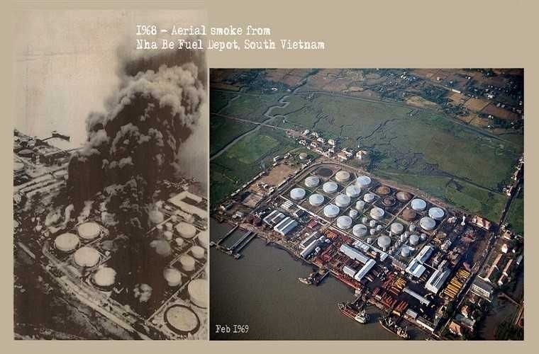 Hình ảnh kho xăng Nhà Bè bốc cháy dữ dội trong trận đánh rạng sáng 3/12/1973 (Ảnh tư liệu) Hình ảnh kho xăng Nhà Bè bốc cháy dữ dội trong trận đánh rạng sáng 3/12/1973 (Ảnh tư liệu)