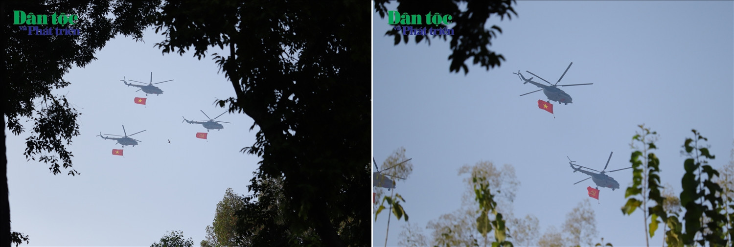 Trực thăng quân sự (Mi-171, Mi-17, Mi-8) của Quân chủng Phòng không - Không quân mang theo sắc cờ Tổ quốc, cờ Đảng tung bay trên bầu trời TP. Hồ Chí Minh trong ngày Đại lễ 30/4